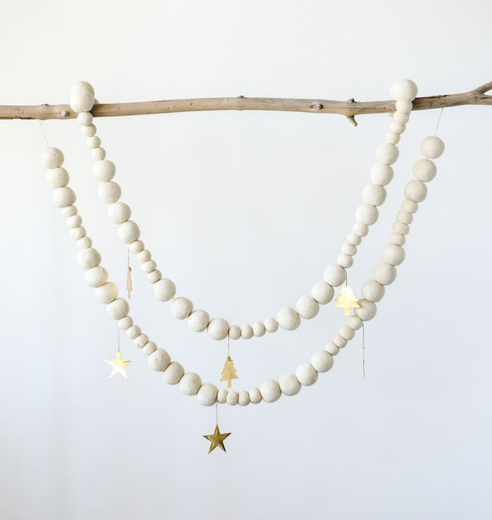 Felt ball garland with brass trees and stars