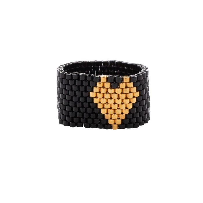 Beaded Heart Ring Black with Gold