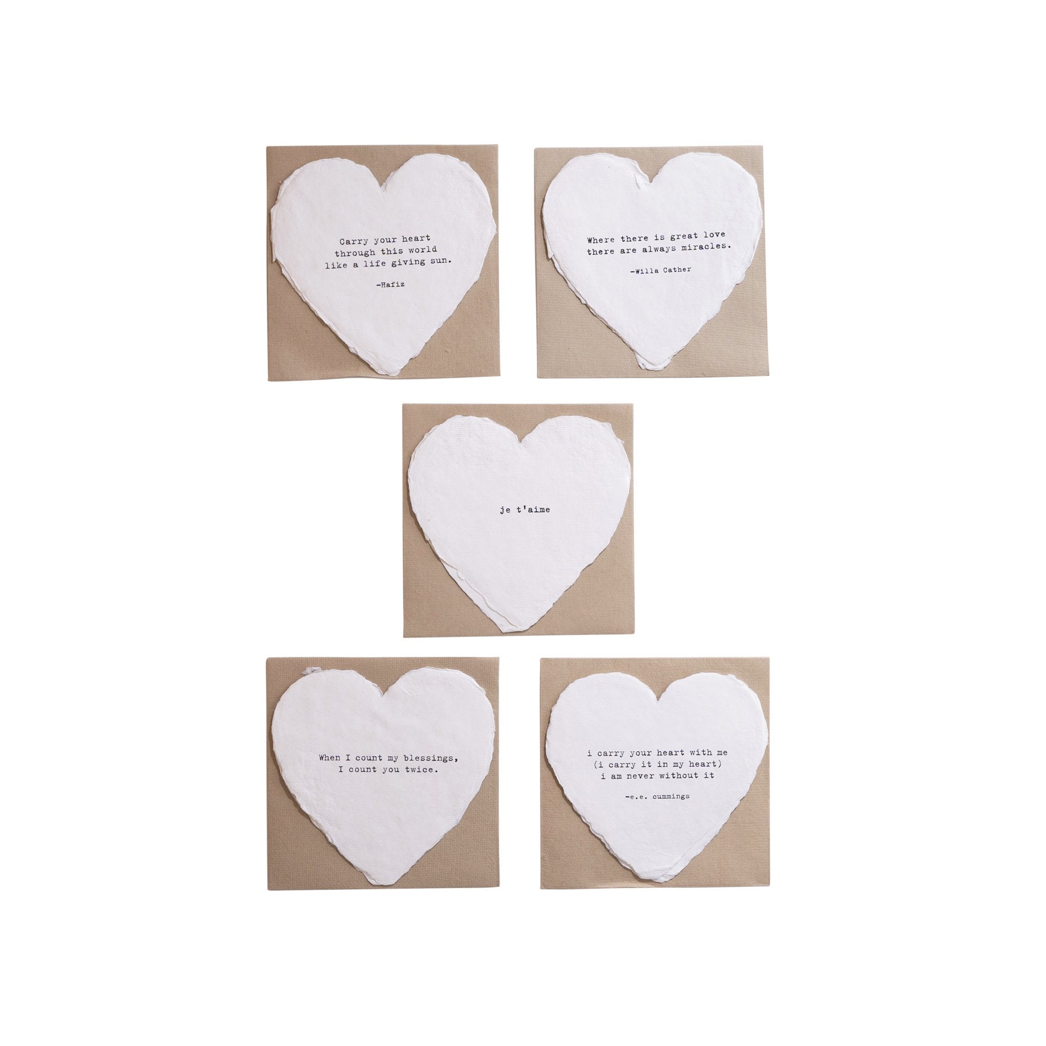 Deckled Heart Cards - Printed on deckled handmade paper, these charming enclosure cards feature sentimental quotes.